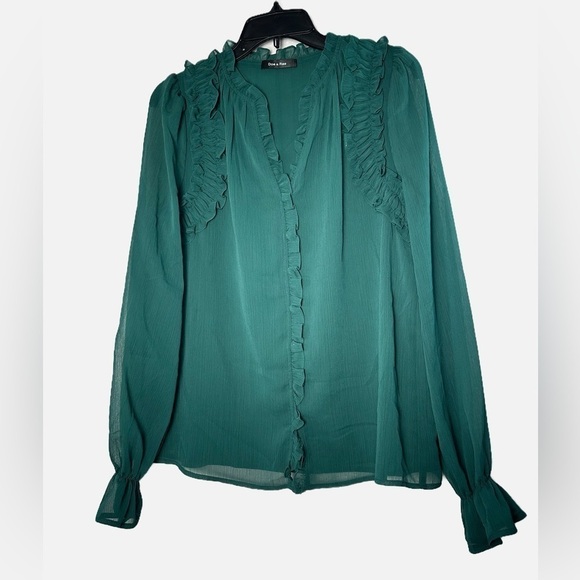 Doe & Rae Green Ruffle Long Sleeve Button Down Blouse - Picture 1 of 3